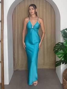 Andrea Bello Women's Ruffled V-Neck Hollow-Out Long Spaghetti Strap Party Dress Holiday Party Birthday Formal Occassion Dress  - Blue - View 5