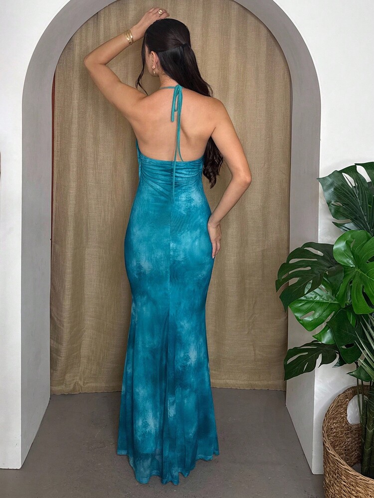 Andrea Bello Knitted Green Tie Dye Print Omber Mesh Halter Neck Backless Fish Tail Deep V Plunge Dress For Women , Casaul Summer Vacation Outfits Woman,  Birthday Outfits For Women, Beach Essentials ,Airport Outfit For Women, Club Outfit, Country Outfits Women, European Summer, Tea Party Dress, Birthday Dress ,Back To School, Homecoming, Old Money Style Women, Streetwear Women,Y2k,Night Out,Fall Clothes,Winter Clothes,Cute,Going Out Outfits,Flowy Dress,Vestido ,Suitable For Going Out, Concert, Party, Club Outfits, Date, Night Out,Vacation ,Beach  Outfits,Garden Wedding Guest Dress, Elegant Dress For Women,Valentine's Day ,Boho Chic,Holiday Festival Outfits, Graduation Outfit,For Autumn And Winter - Multicolor - View 2