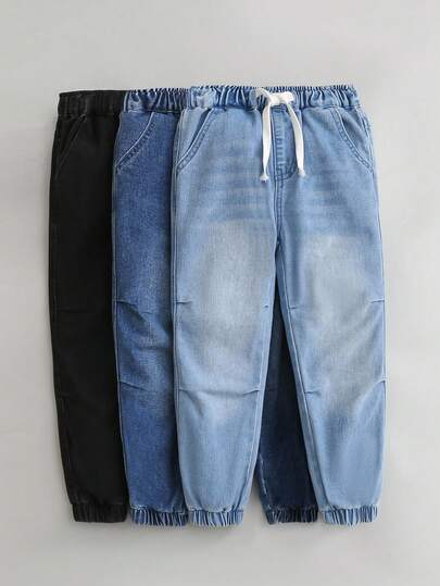 SHEIN Mirajuku 3 st/set flerfärgade joggingjeans för unga pojkar, bekväma byxor med raka ben och elastisk midja för vår, höst och vinter, lämpliga för dagligt bruk, sport och utomhusaktiviteter