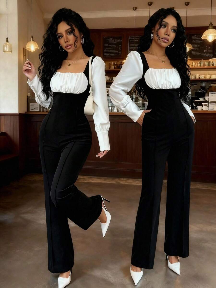 Selianne 黑色 & 白色拼布高领泡泡袖高腰直筒连体裤 - 黑色 - 查看 1