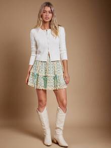 WESTFADE Floral Lace Contrast Lining High Waist Tiered Ruffle Bow Trim Mini Skirt Fall, Autumn, Winter, Western Wear For Women - Apricot - View 3