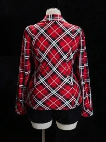 Sunspun Christmas Plus Size Women Casual Grommet Ribbon Decor Plaid Long Sleeve Shirt - Multicolor - View 2