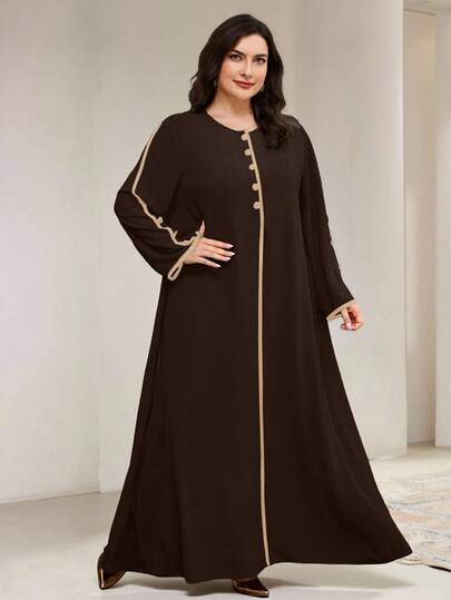 Veilorie Plus Size Women's Round Neck Long Sleeve Button Design Casual Loose Arabic Style Dress