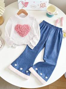 Genkimix Kids 2pcs/Set Young Girl 3D Heart Decor Crew Neck Long Sleeve Sweatshirt And Flare Pants Casual Outfit - Multicolor - View 1