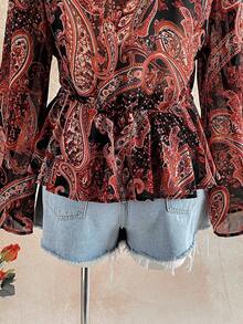 Soleia Plus Size Women's Back To School Vacation Clothes, V-Neck Textured Long Sleeve Ruffle Hem Blouse