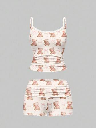 Kawaii Conjunto de pijama de camiseta de tirantes con estampado de oso de peluche de dibujos animados en acuarela y lazo con ribete de encaje y pantalones cortos fruncidos, ropa de estar en casa informal