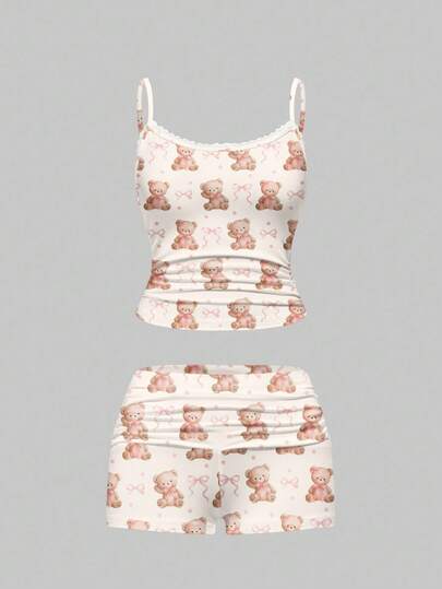 Kawaii Cute Cartoon Watercolor Teddy Bear & Bow Print Lace Trim Camisole & Ruched Shorts Pajama Set, Casual Loungewear