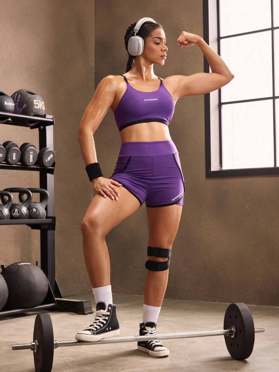 Powerista Costum sport pentru femei cu imprimeu de litere, camisol și pantaloni scurți - Violet - Vizualizare 1