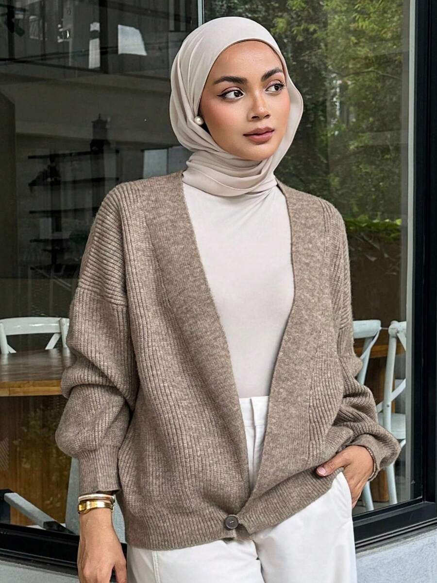 Livesso Women's Solid Color Drop Shoulder Long Sleeve Casual Knit Cardigan, Autumn/Winter Modest Fashion - Khaki - View 1