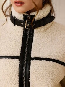 GENKIRA 复古时尚百搭拉链领修身仿羊毛撞色饰边休闲女式夹克外套 - 白色 - 查看 7