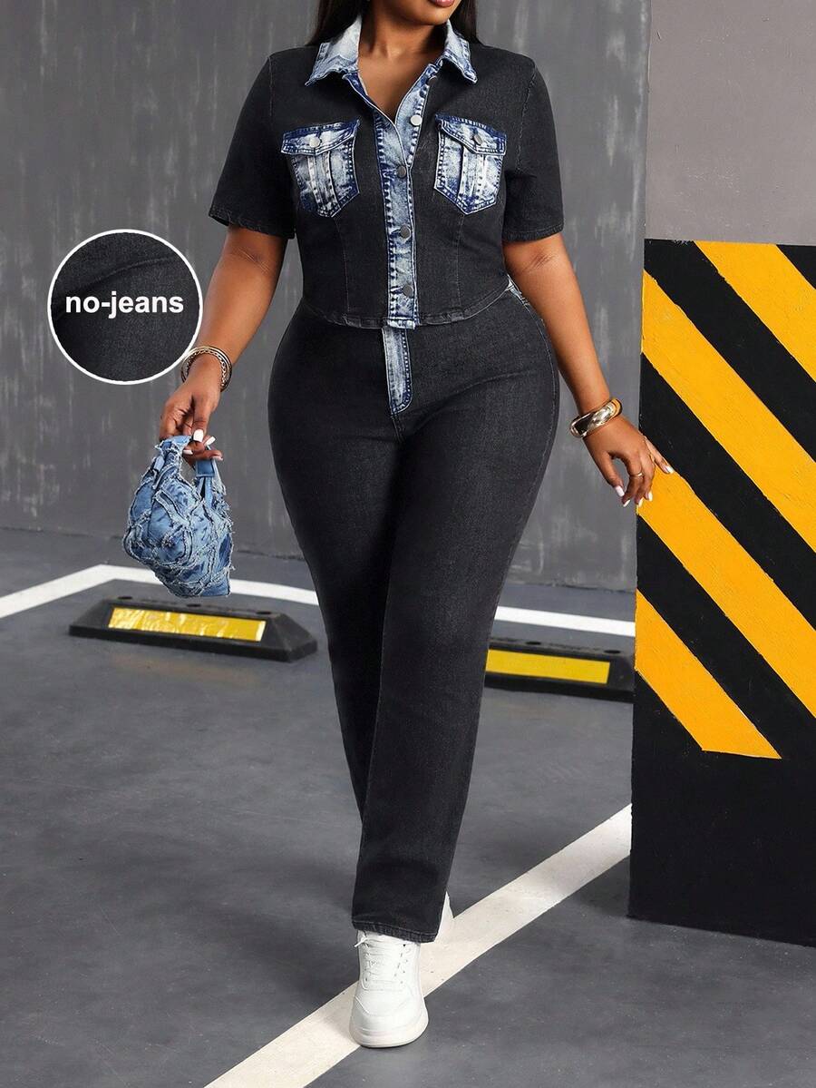 Slaydiva Plus Size Women's Contrast Color Short Sleeve Pocket Design Casual Denim Blouse