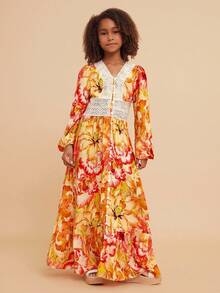 Travachic KIDS Tween Girl Floral Print Long Sleeve Vacation Dress