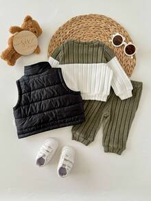SHEIN Newborn Baby Boy Cute Knitted Colorblock Long Sleeve T-Shirt Set, Versatile For Autumn/Winter - Green - View 3