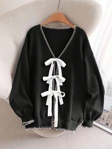 CosyJoli Plus Size Elegant French Romantic Dog Tooth Trim Solid Color Casual Commute Vacation Fashion Knit Cardigan Sweater Top For Women/Winter - Black and White - View 3