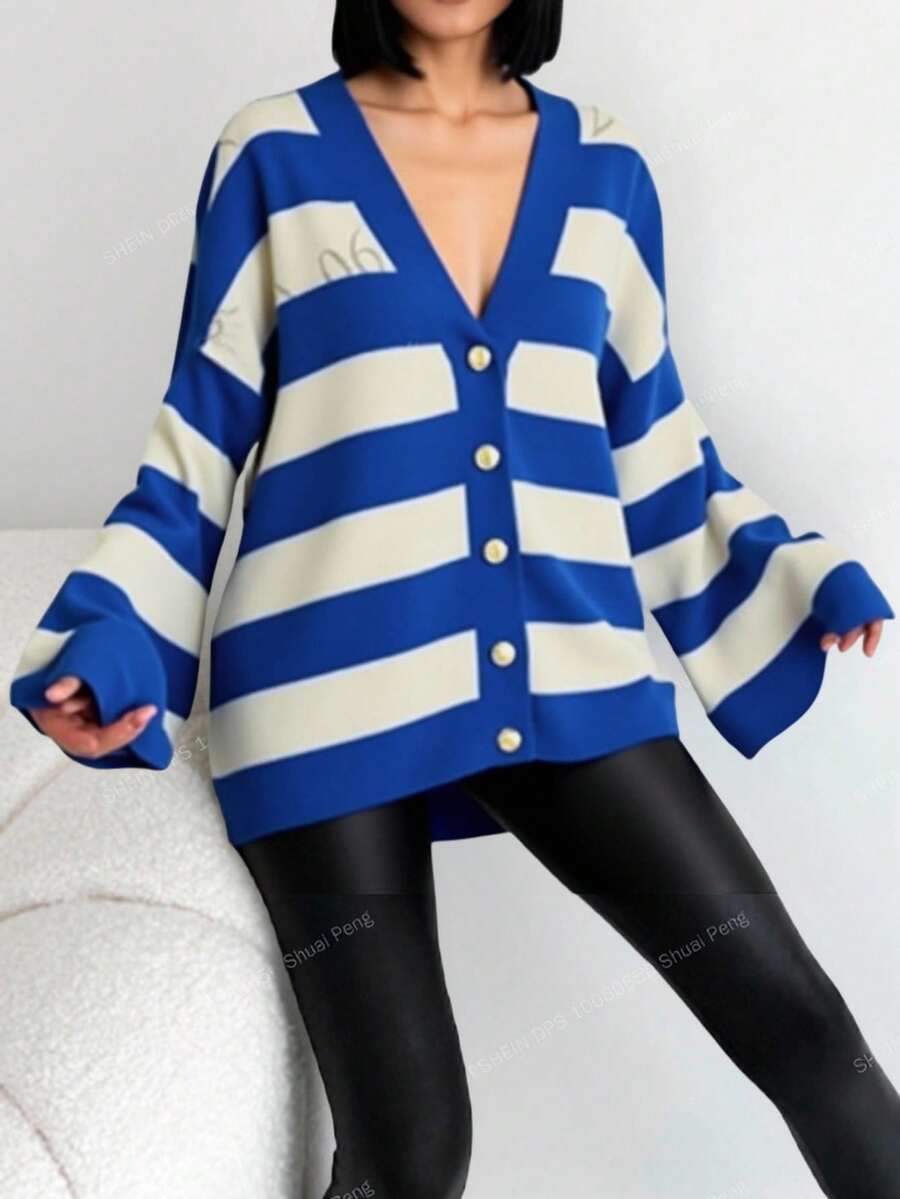 EURMUSE Women's Contrast Color Stripe Oversized Open Front Knit Cardigan - Multicolor - View 1