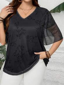 EMERY ROSE Blusa holgada de mujer talla grande con cuello en V, mangas cortas con volantes, para verano, vacaciones, sencilla y de moda para uso diario, vibras de vacaciones, primavera, uso casual, estilo bohemio