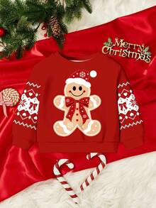 SHEIN 圣诞快乐，可爱圣诞蝴蝶结姜饼人印花女婴休闲宽松柔软针织圆领套头衫运动衫秋冬女装