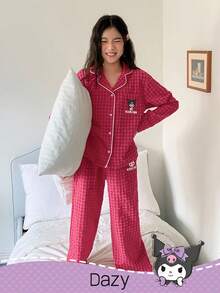 DAZY HELLO KITTY AND FRIENDS | SHEIN 青少年女孩编织格子长袖上衣和裤子睡衣套装，秋季 - 紅色 - 查看 5