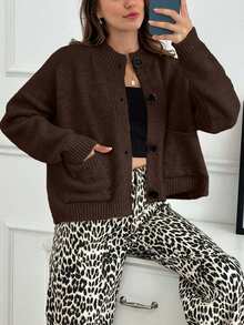 Damen weiche, warme und gemütliche Rundhalskardigan mit Knopfverschluss, 2 Taschen, Drop-Shoulder, ideal für kühle Tage