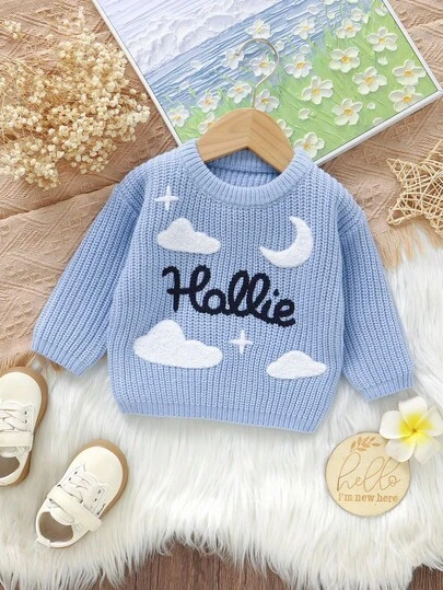 SHEIN 1pc Toddler Blue Knitted Sweater With Embroidered Clouds, Moon, Stars & Letter Design, Crew Neck Long Sleeve Pullover Baby Blue Knitted Sweater Baby Sweater With Clouds And Moon Personalized Baby Sweater Knitted Baby Clothes Toddler Sweater Baby Boys Winter Clothes Baby Boys Fall Clothes Baby Boys Fall Outfits