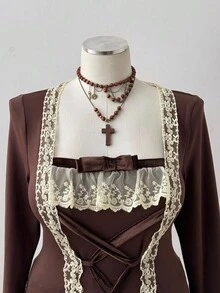 Sunspun Áo thun tay dài thoải mái, họa tiết ren, nơ, họa tiết chắp vá cỡ lớn dành cho nữ, mùa thu/đông - màu nâu - Xem 6