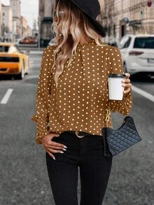 EMERY ROSE Women's Ruffle Collar Long Sleeve Polka Dot Print Fashion Blouse