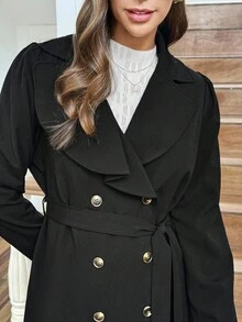 SHEIN LUNE Autumn/Winter Western Style Ruffle Collar Khaki Belted Long Sleeve Trench Coat For Women, Button Closure, Ruffle Hem, Practical Pockets "LanaWest" - Black - View 4