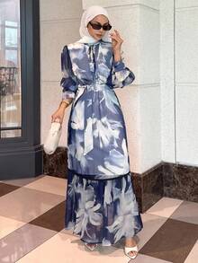 DAZY 女士印花系带长袖优雅连衣裙，端庄时尚长款连衣裙 - 藍色 - 查看 3