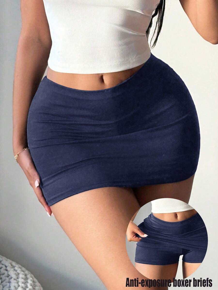 SHEIN SXY Plus Size Women's Solid Color Basic Navy Blue Sexy Casual Mini Bodycon Skirt (With Leggings Included) Dark Blue Skirt Women Skorts