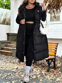 SHEIN CURVE+ Plus Size Women Black Hooded Bunny Ear Padded Vest Coat,Autumn Casual Hiking Puffer Vest,Curve Winter Clothes 8xl,6xl Fall Back To School Outfits - Black - View 4