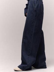 MUSERA 水洗漂白宽松牛仔裤（仅裤子）秋季复古乡村风返校休闲居家牛仔裤，女款奶油糖色 - 深色水洗藍 - 查看 3