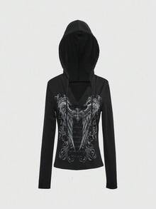 ROMWE Grunge Punk 女式黑色修身哥特式水钻装饰街头朋克复古 Y2K 深色 V 领长袖连帽衫 - 黑色 - 查看 5