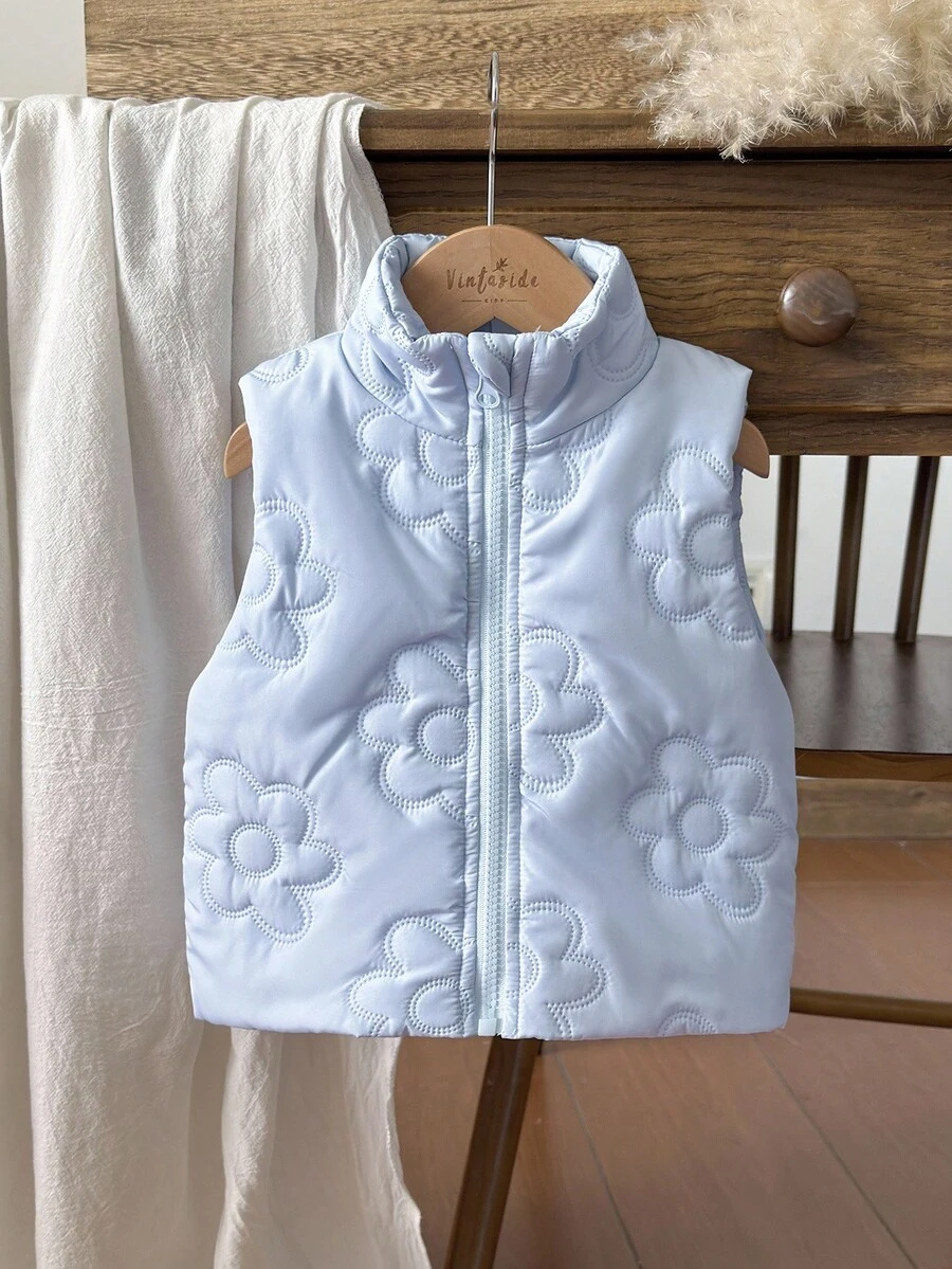 Babygirl Winter Sleeveless Zipper Simple Versatile Lightweight Slim Fit Vest, Suitable For Daily Wear Outside In Cold Winter Season - Baby Blue - View 1