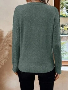 EMERY ROSE Women's Casual Solid Color Drop Shoulder Sweater - Green - View 2