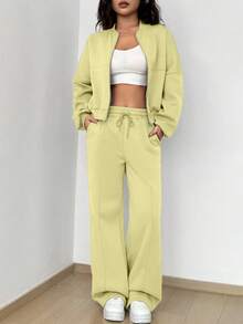 Flirla Bộ đồ 2 món thường ngày, áo hoodie cổ bóng chày dài tay màu trơn có khóa kéo dành cho nữ, mùa thu - Vàng nhạt - Xem 5