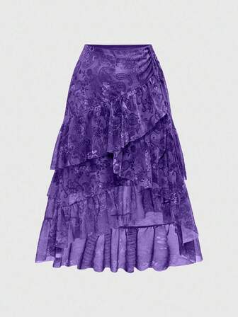 Hippie Falda de moda con volantes y estampado de anacardo en estilo bohemio para mujeres