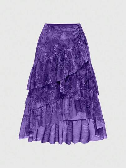 Hippie Jupe mode à volants superposés imprimé noix de cajou bohème pour femmes