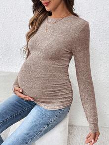 SHEIN Áo thun dài tay màu trơn thoải mái dành cho bà bầu, thích hợp mặc hàng ngày. - Màu Khaki - Xem 6