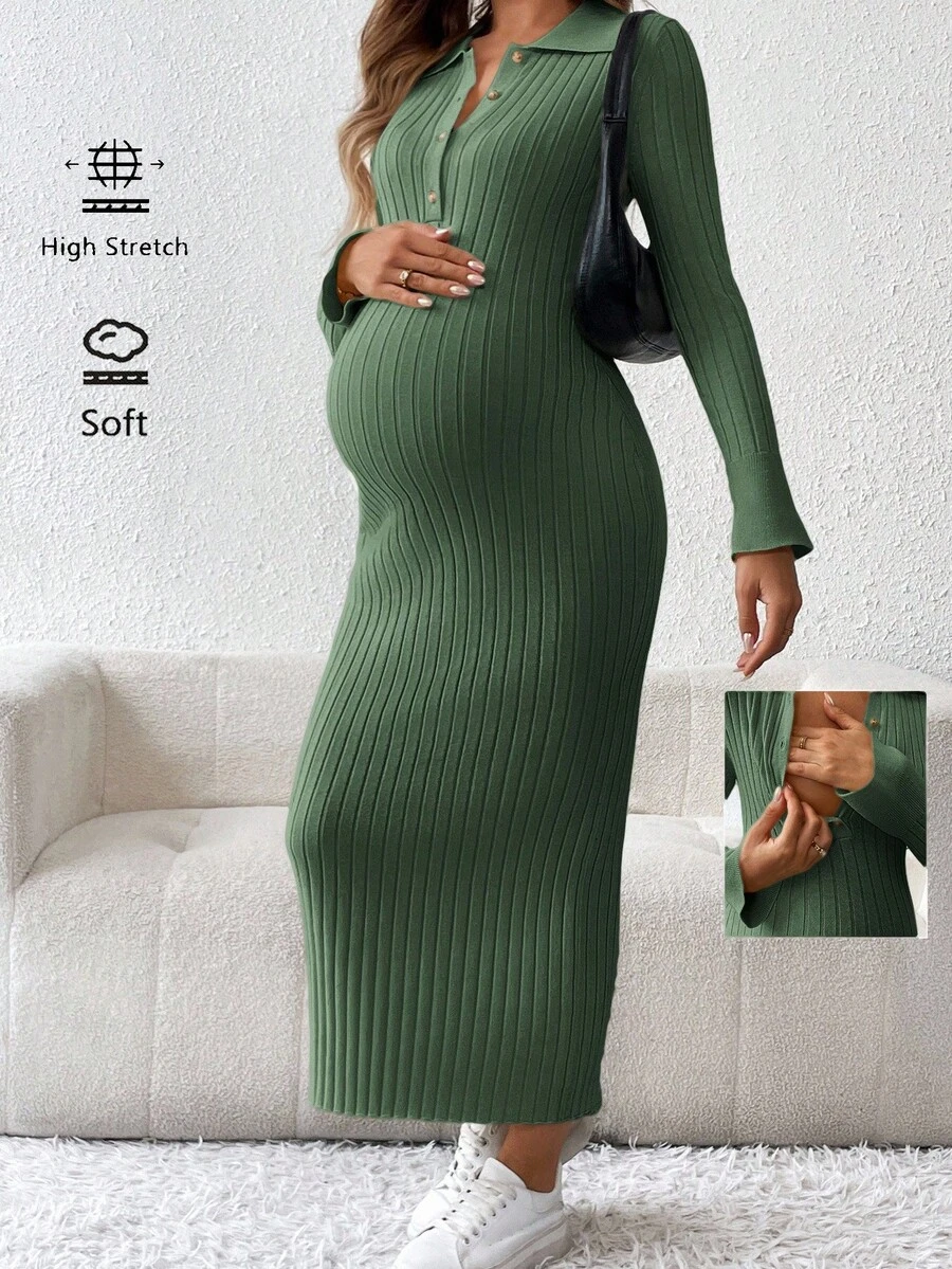SHEIN 优雅纯色修身长款孕妇针织连衣裙 - 軍綠色 - 查看 1