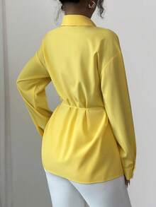 Elenzga Women's Yellow Drop Shoulder Long Sleeve Single-Breasted Casual Shirt - Yellow - View 2