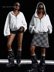 LYSMO SELECTION 2025 新款女士秋季休闲纯色落肩宽松连帽衫，女士秋季卫衣，冬季，万圣节服装/圣诞夜惊魂女装，Y2K - 淺灰色 - 查看 1