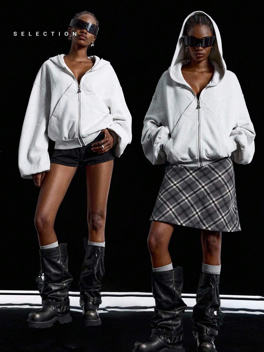 LYSMO SELECTION 2025 新款女士秋季休闲纯色落肩宽松连帽衫，女士秋季卫衣，冬季，万圣节服装/圣诞夜惊魂女装，Y2K - 淺灰色 - 查看 1