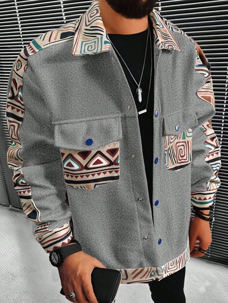 Manfinity Homme Loose Fit Men Geo Print Flap Pocket Jacket, Fall - Light Grey - View 1