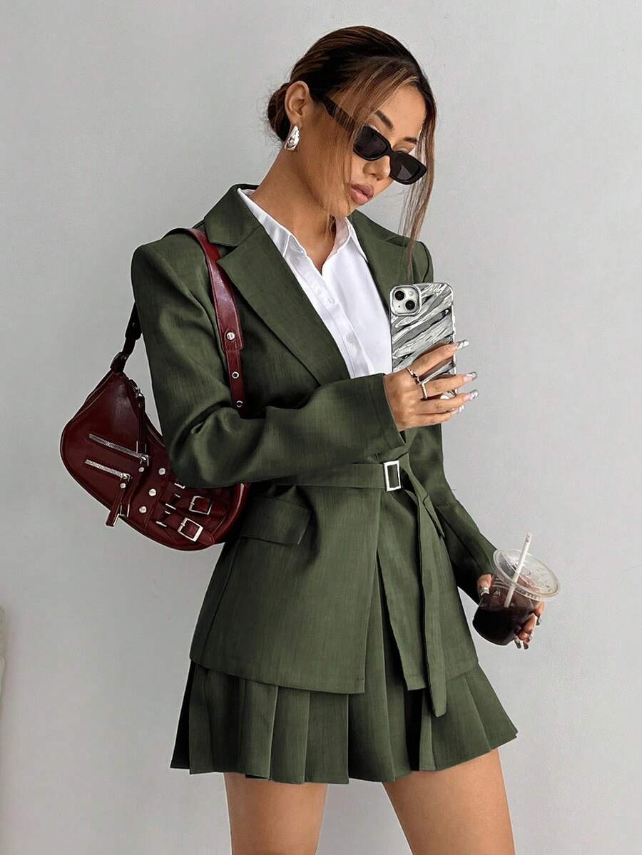 Flirla Solid Color Loose Waist Blazer Jacket And A-Line Pleated Skirt Suit, Early Autumn
