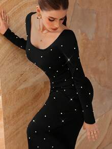 Modelyn 女式优雅水钻装饰长袖毛衣裙 - 黑色 - 查看 2