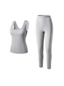 LUVLETTE Plus Women's Thermal Underwear Ultra-Soft Base Layer Cold Weather Warm Winter PJ Set Round-Neck Innerwear Vest And Long Bottoms -Dark Gray Lightweight And Warm Set Pajama Sets