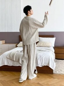 DAZY Men's Striped Matching Shirt And Pants Loungewear Set, Autumn Pajama Fall Winter Clothes