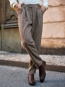 HIMLAND Men's Plaid Casual Pants For Commuting, Autumn/Winter Plaid Pants High Waisted Pants Brown Dress Pants Suit Pants