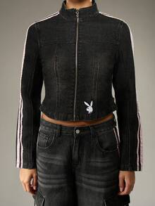 Missguided x Playboy Retro Y2K Moto Style Crop Denim Jacket Racing Stripe Varsity Zip Front Jacket Edgy Design Side Stripe Distressed Biker Streetwear