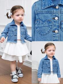 SHEIN 女婴可爱白色牛仔心形口袋翻领长袖短外套，秋季休闲舒适，适合宝宝派对穿着 - 中等水洗藍 - 查看 1